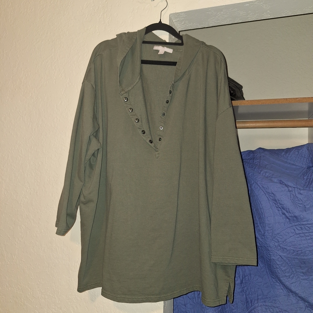 Woman Within Olive Hooded Top with Snap Accents